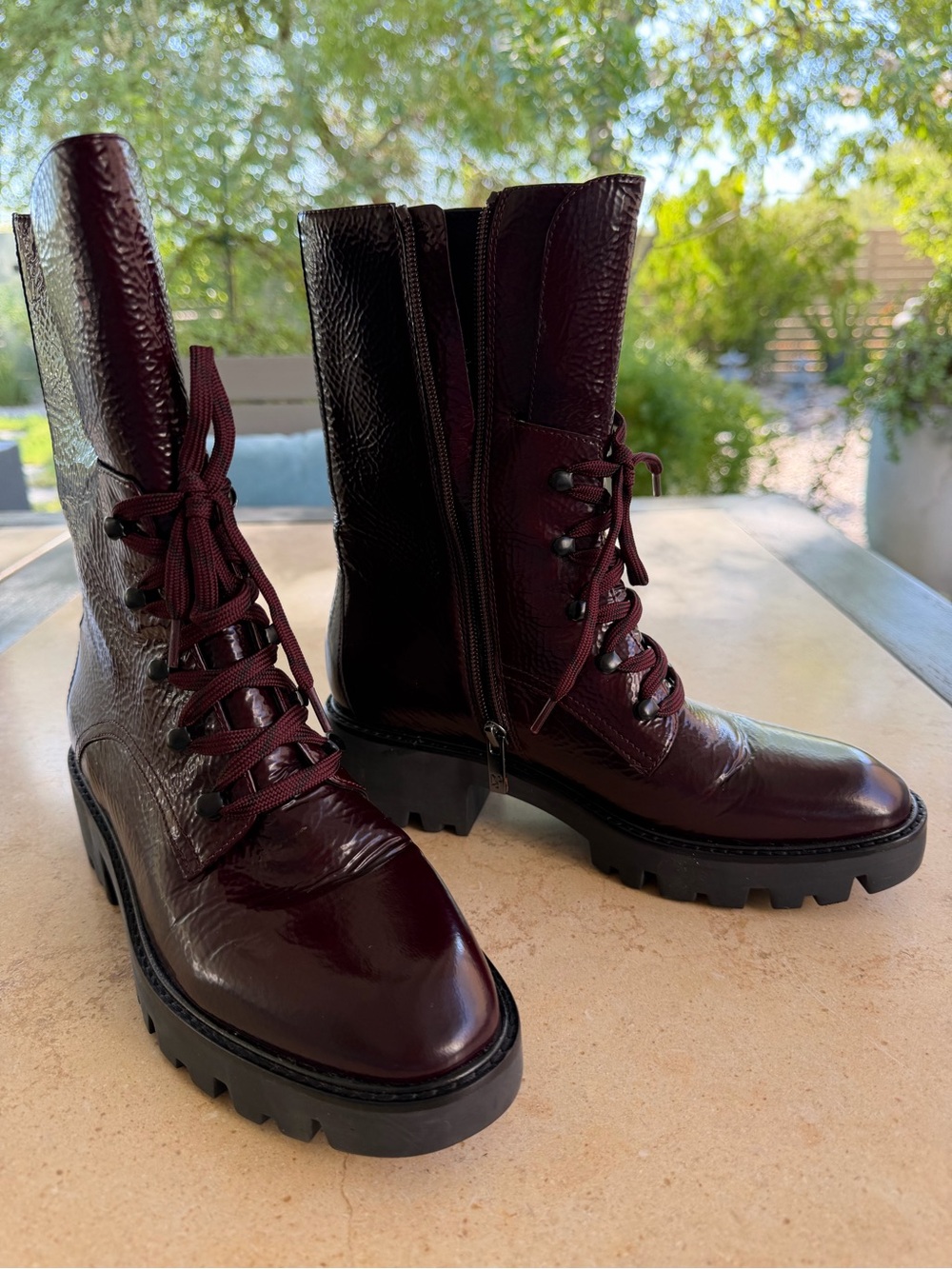Donald J. Pliner Glossy Burgundy Lace-Up Combat Boots,